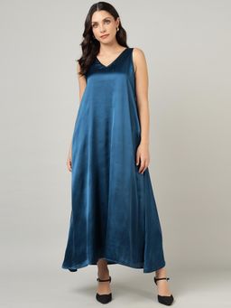 Sands of India - Women'S Blue Party Maxi Satin Dress