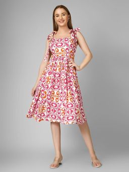 ANVI Be Yourself - Ikat Printed White Rayon Fit and Flare Dress