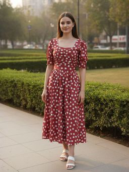 ANVI Be Yourself - Polka Dot Printed Crepe Fit & Flare Midi Dress