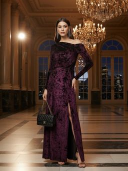 Sera - Wine Velvet One Shoulder Maxi Dress