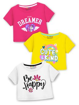 Trampoline - Girls Multi-Colour Unicorn and Be Happy Text Printed Crop Top (Pack Of 3)
