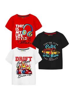 Trampoline - Multi-Colour Boys Playful Design Cotton Blend T-Shirt (Pack Of 3)