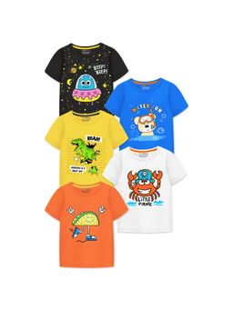 Trampoline - Multi-Colour Boys Little Pirate and Water Fun Printed T-Shirt (Pack Of 5)
