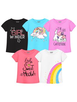 Trampoline - Girls Girl Wonder and Unicorn Printed T-Shirt (Pack Of 5)