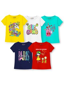 Trampoline - Girls Girl Gang and Paris Printed T-Shirt (Pack Of 5)