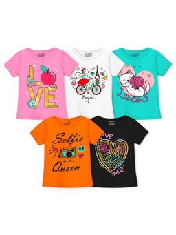 Trampoline - Girls Selfie Queen and Love Me Printed T-Shirt (Pack Of 5)