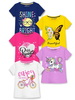 Trampoline - Girls Cotton Blend Unicorn and Butterfly Printed T-Shirt (Pack Of 5)