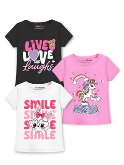 Trampoline - Girls Cotton Blend Smile and Unicorn Printed T-Shirt (Pack Of 3)