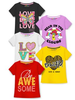 Trampoline - Girls Heart and Awesome Printed T-Shirt (Pack Of 5)
