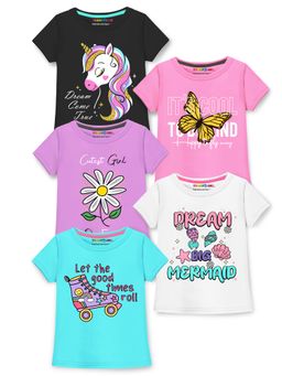 Trampoline - Girls Butterfly and Unicorn Printed T-Shirt (Pack Of 5)