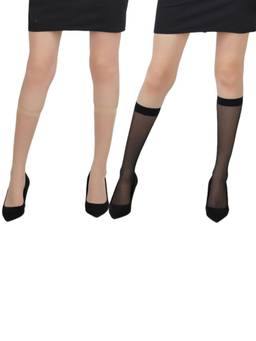 NEXT2SKIN - Womens Ultrathin Transparent Knee Length Stocking Socks - Pack Of 2 -Black & Skin