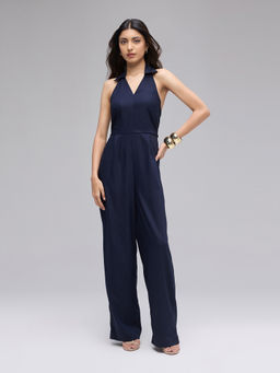 Twenty Dresses by Nykaa Fashion - Navy Blue Collared Halter Neck Sleeveless Jumpsuit
