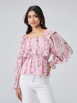 Twenty Dresses by Nykaa Fashion - Pink Floral Square Neck Balloon Sleeves Frill Hem Peplum Top