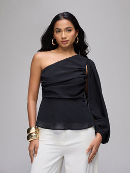 Twenty Dresses by Nykaa Fashion - Black Chiffon One Shoulder Gather Detail Top