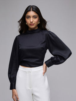 Twenty Dresses by Nykaa Fashion - Black Satin High Neck Puff Sleeves Fitted Crop Top