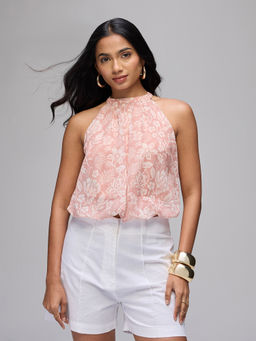 Twenty Dresses by Nykaa Fashion - Peach Floral Halter Neck Back Bow Detail Top