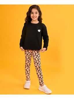 ANTHRILO - Black Heart Long Sleeves Girls T-Shirt Leopard Peach Legging (Set of 2)