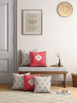 India Circus by Krsnaa Mehta - Grey Poppy Flower Satin Blend Cushion Cover Set Of 5