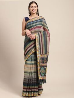 Vastranand - Multicoloured Kalamkari Linen Blend Block Print Saree with Unstitched Blouse