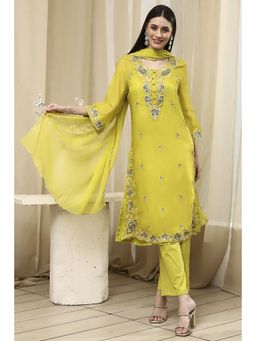 Biba - Lime Green Embroidered Straight Kurta and Palazzo with Dupatta