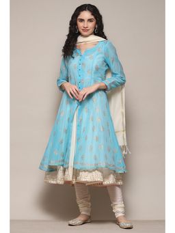 Biba - Powder Blue Cambric A-Line Kurta- Inner and Churidar with Dupatta