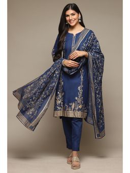Biba - Women Navy Blue Cotton Straight Kurta and Pant with Dupatta