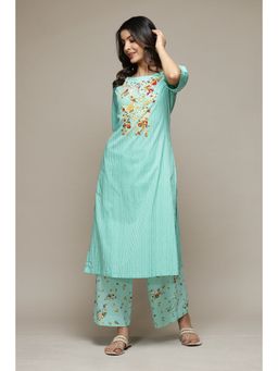 Biba - Women Turquoise Cotton Straight Kurta and Palazzo