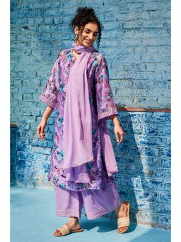 Biba - Purple Cotton Blend Kalidar Kurta and Palazzo with Dupatta
