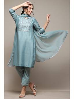 Biba - Women Powder Blue Cambric Kurta and Pant with Dupatta
