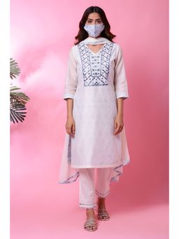 Biba - Women Off White Cotton Blend Straight Kurta- Pant with Dupatta and Mask