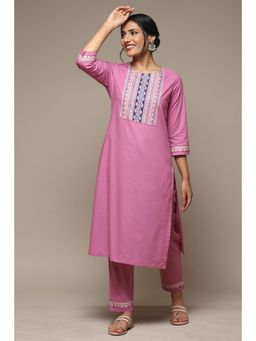 Biba - Women Pink Cotton Straight Kurta and Pant with Dupatta