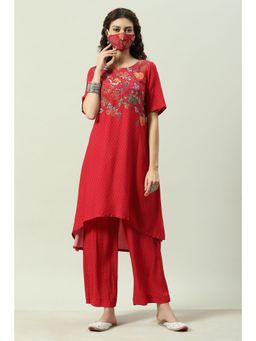 Biba - Women Red Printed Liva A-Line Kurta and Palazzo with Mask