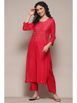 Biba - Women Fuchsia Rayon Flax Narrow Kurta and Pant