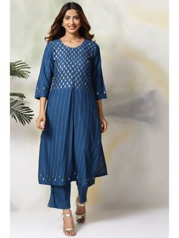 Biba - Women Blue Rayon Straight Kurta and Pant