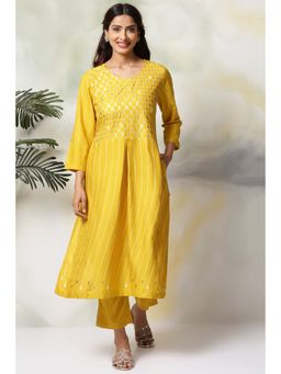 Biba - Women Yellow Rayon Straight Kurta and Pant