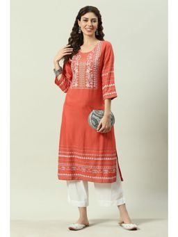 Biba - Women Coral Rayon Straight Kurta and Palazzo with Mask