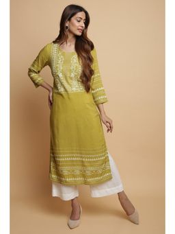 Biba - Women Green Rayon Straight Kurta and Palazzo