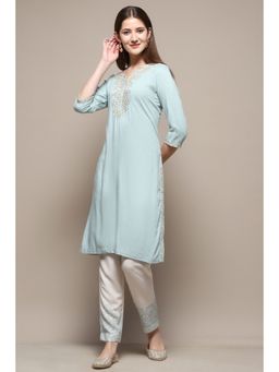 Biba - Women Blue Rayon Straight Kurta and Pant