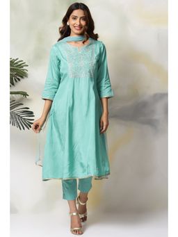 Biba - Women Turquoise Viscose Kalidar Kurta and Pant with Dupatta