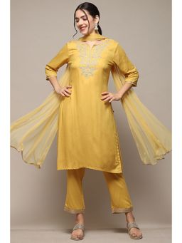 Biba - Women Yellow Nylon Narrow Kurta and Pant with Dupatta
