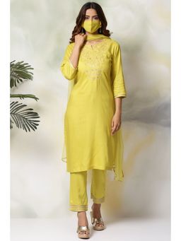 Biba - Women Lime Green Rayon Straight Kurta- Pant with Dupatta and Mask