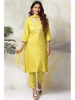 Biba - Women Lime Green Rayon Straight Kurta and Pant with Dupatta