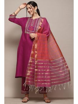 Biba - Women Purple Rayon Flax Narrow Kurta and Pant with Dupatta