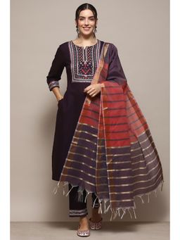 Biba - Women Violet Rayon Flax Narrow Kurta and Pant with Dupatta