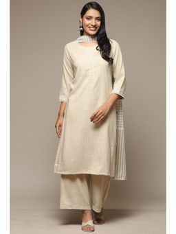 Biba - Cream Cotton Blend Straight Kurta and Palazzo with Dupatta