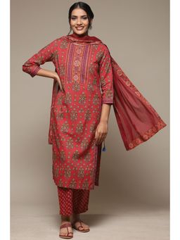 Biba - Women Cherry Cotton Straight Kurta and Pant with Dupatta