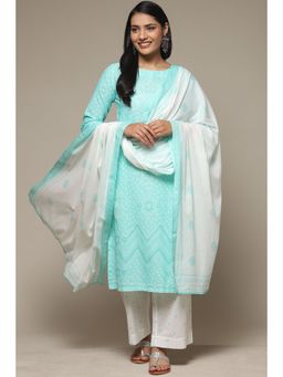 Biba - Aqua Cotton Straight Kurta and Palazzo with Dupatta