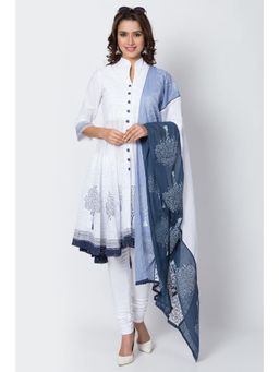 Biba - White and Blue Cotton Anarkali Kurta and Churidar with Dupatta