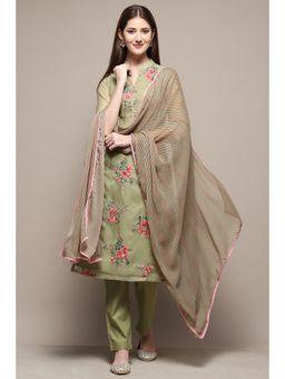 Biba - Women Olive Green Straight Kurta and Pant with Dupatta