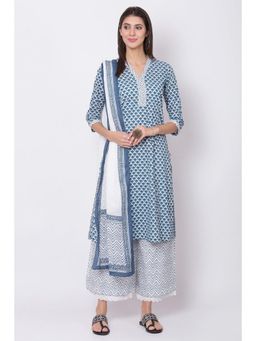 Biba - Blue Printed Straight Kurta and Palazzo with Dupatta